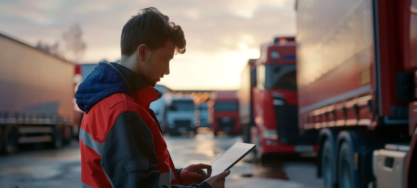 Commercial vehicles in a fleet maintenance setting at an auto repair shop