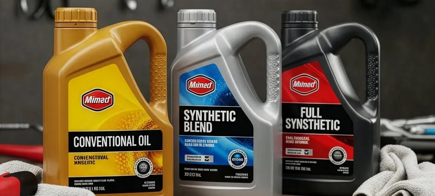 Different types of motor oil containers displayed on a workbench
