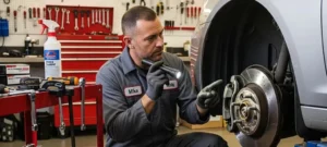 Mechanic inspecting brake system in a garage, highlighting brake repair services