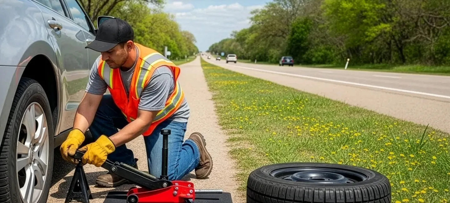 Technician changing a flat tire on the roadside, illustrating essential roadside assistance services